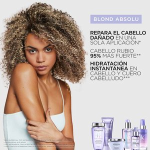 Imagen que resume los beneficios de Blond Absolu para cabello rubio