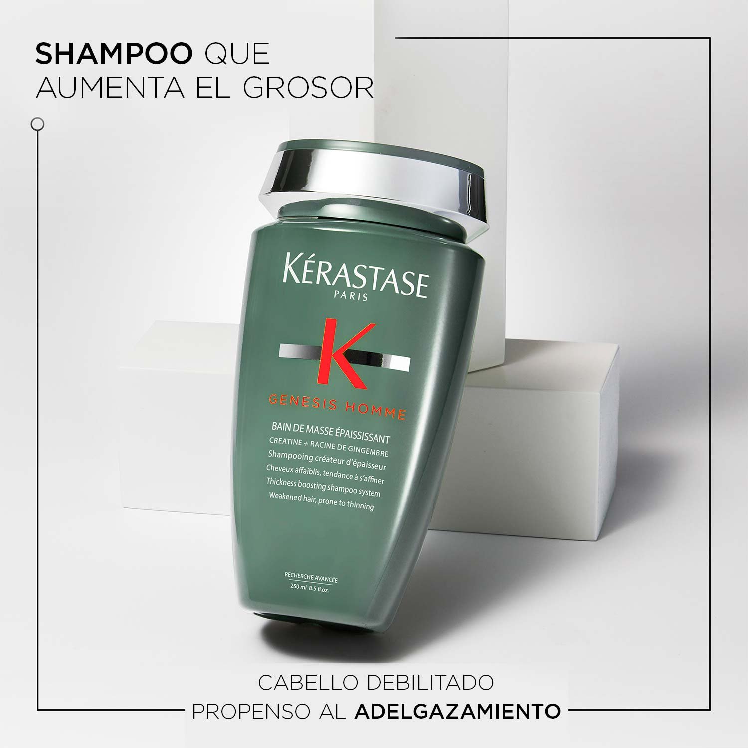 Beneficios shampoo para hombre para aumentar el grosor para cabello debilitado Bain de masse epaississant Genesis