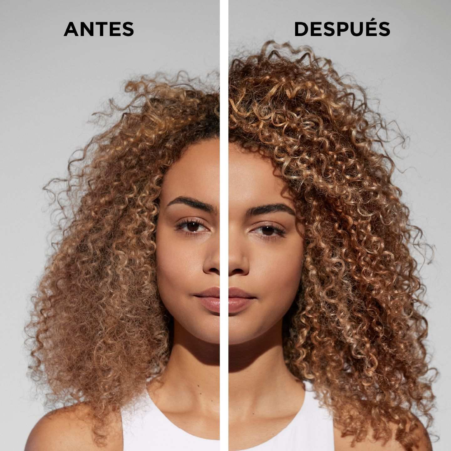 Antes y después modelo cabello rizado